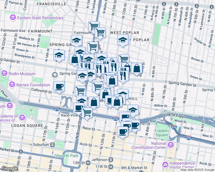 map of restaurants, bars, coffee shops, grocery stores, and more near 1220 Buttonwood Street in Philadelphia