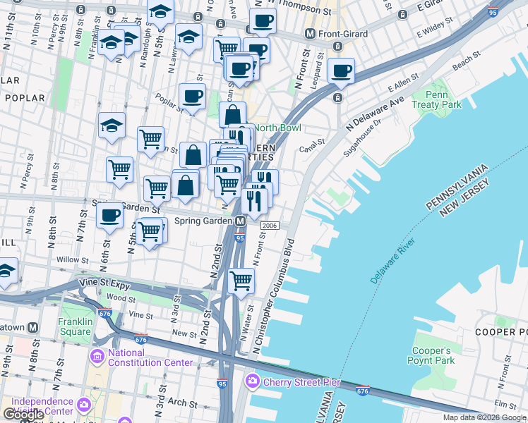 map of restaurants, bars, coffee shops, grocery stores, and more near 116 Fairmount Avenue in Philadelphia