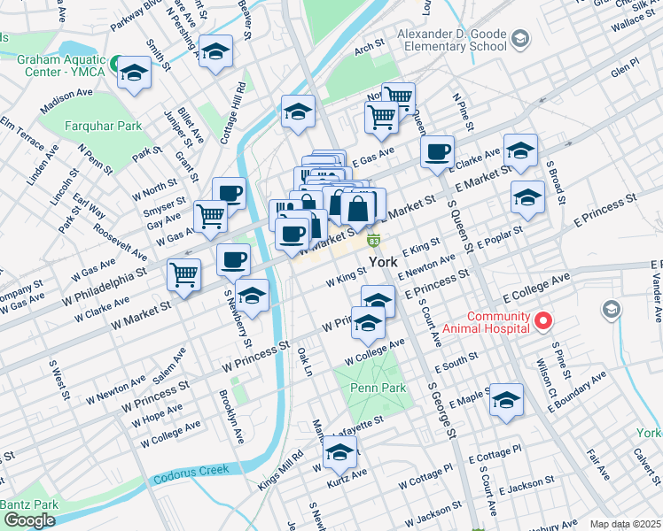 map of restaurants, bars, coffee shops, grocery stores, and more near 13 South Beaver Street in York