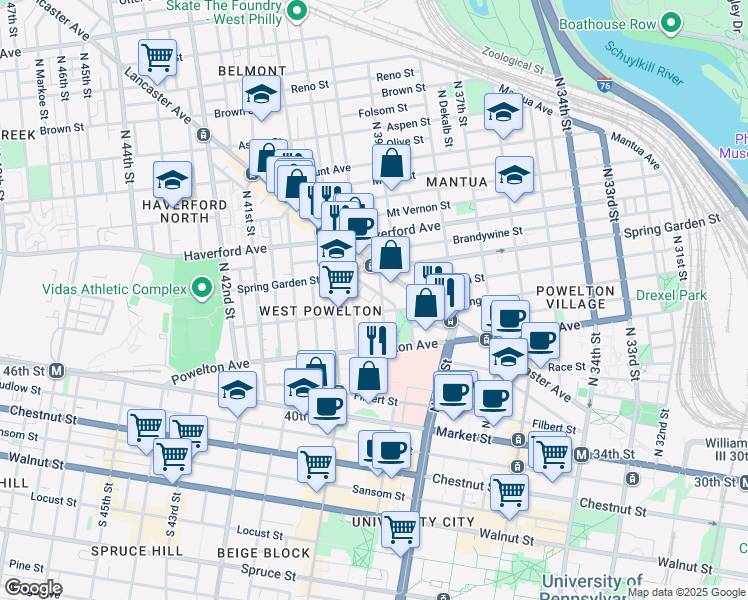 map of restaurants, bars, coffee shops, grocery stores, and more near 3902 Warren Street in Philadelphia