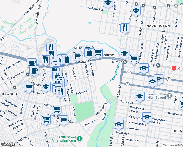 map of restaurants, bars, coffee shops, grocery stores, and more near 106 Glencoe Road in Delaware County
