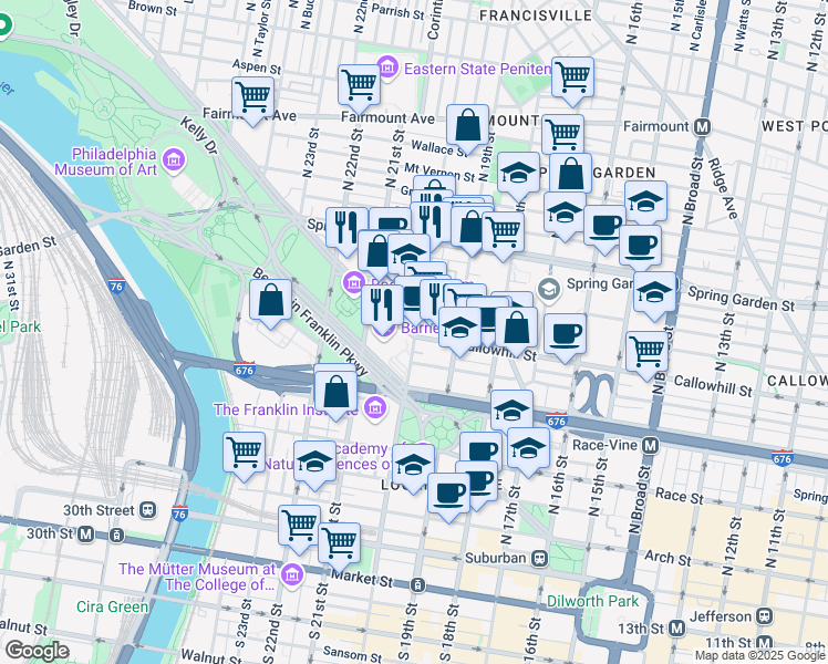 map of restaurants, bars, coffee shops, grocery stores, and more near 2007 Pennsylvania Avenue in Philadelphia