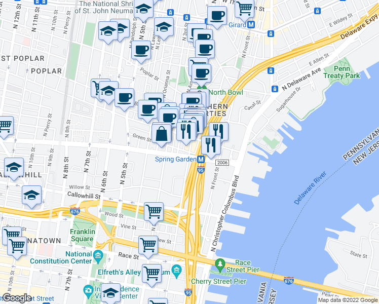 map of restaurants, bars, coffee shops, grocery stores, and more near N 2nd St & Green St in Philadelphia