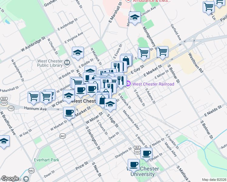 map of restaurants, bars, coffee shops, grocery stores, and more near 213 East Market Street in West Chester