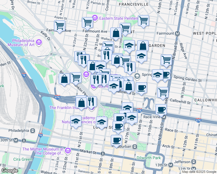 map of restaurants, bars, coffee shops, grocery stores, and more near 411 North 20th Street in Philadelphia