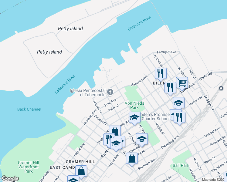 map of restaurants, bars, coffee shops, grocery stores, and more near 2865 Buren Avenue in Camden