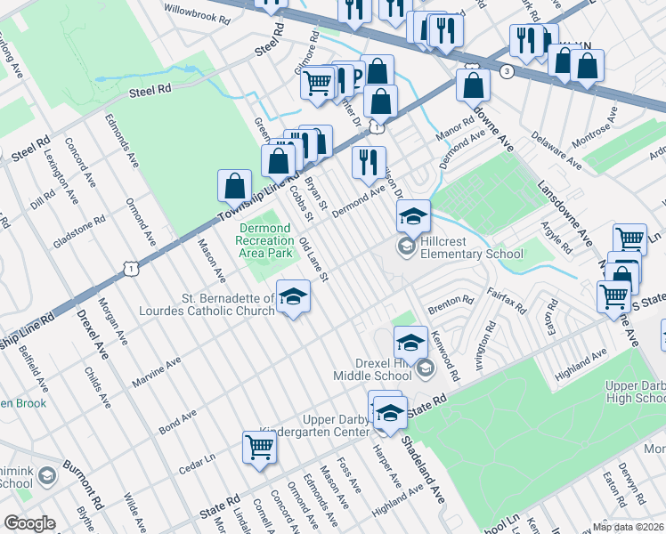 map of restaurants, bars, coffee shops, grocery stores, and more near 1111 Cobbs Street in Drexel Hill
