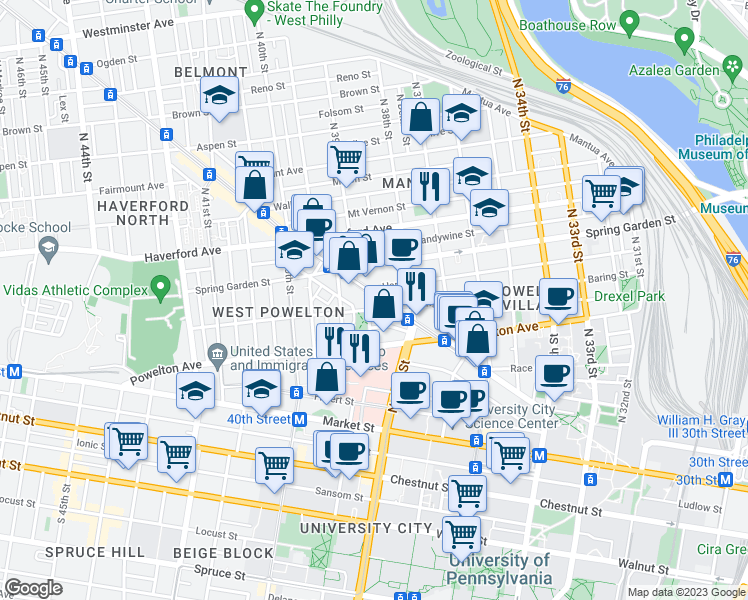 map of restaurants, bars, coffee shops, grocery stores, and more near 3838 Lancaster Avenue in Philadelphia