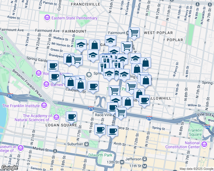 map of restaurants, bars, coffee shops, grocery stores, and more near 1500 Hamilton Street in Philadelphia