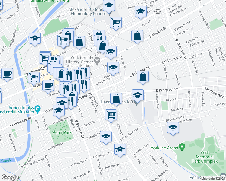 map of restaurants, bars, coffee shops, grocery stores, and more near 221 South Pine Street in York