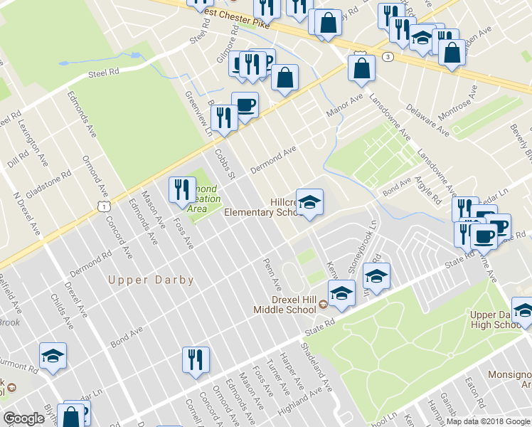 map of restaurants, bars, coffee shops, grocery stores, and more near 1038 Bryan Street in Drexel Hill