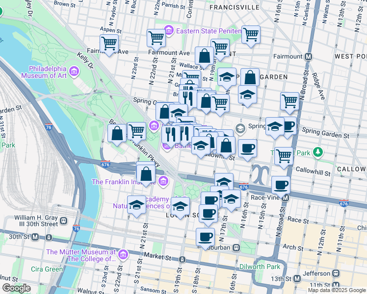 map of restaurants, bars, coffee shops, grocery stores, and more near 1943 Callowhill St in Philadelphia