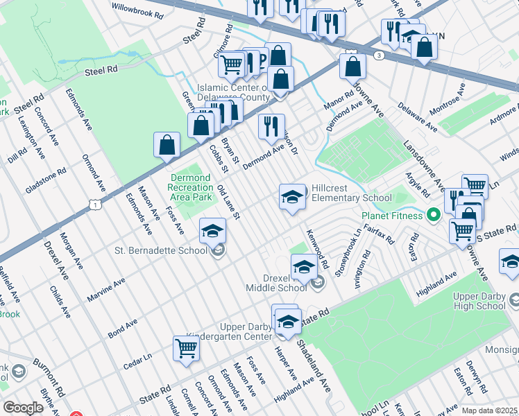 map of restaurants, bars, coffee shops, grocery stores, and more near 1038 Bryan Street in Drexel Hill