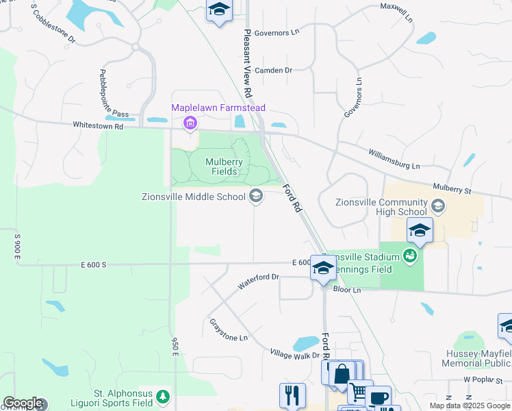 map of restaurants, bars, coffee shops, grocery stores, and more near 900 North Ford Road in Zionsville