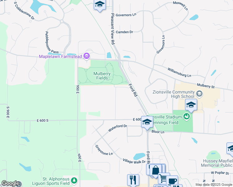 map of restaurants, bars, coffee shops, grocery stores, and more near 900 North Ford Road in Zionsville