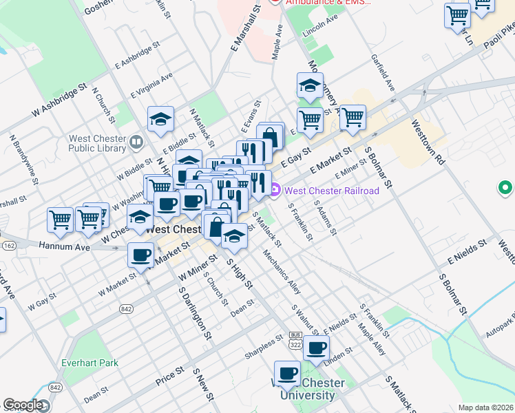 map of restaurants, bars, coffee shops, grocery stores, and more near 213 East Market Street in West Chester