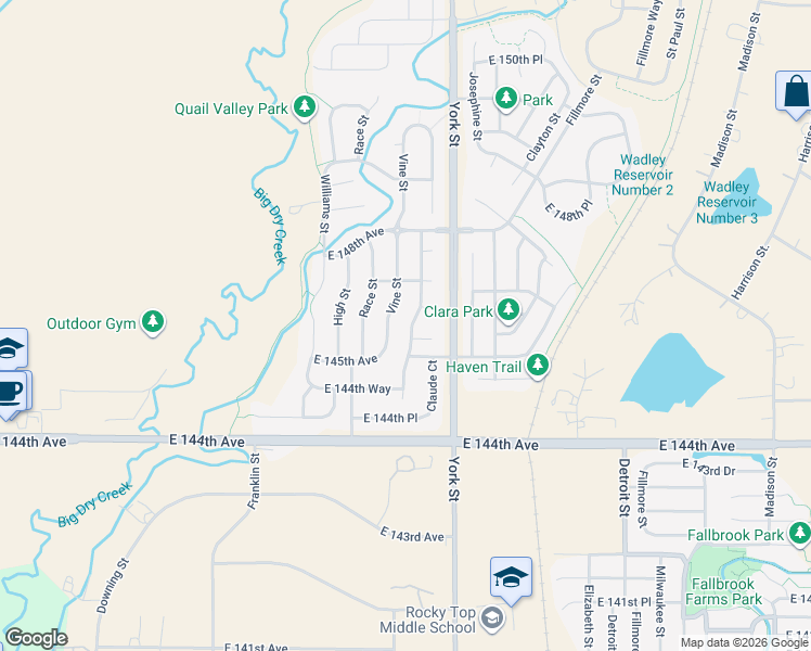 map of restaurants, bars, coffee shops, grocery stores, and more near 14625 Gaylord Street in Thornton