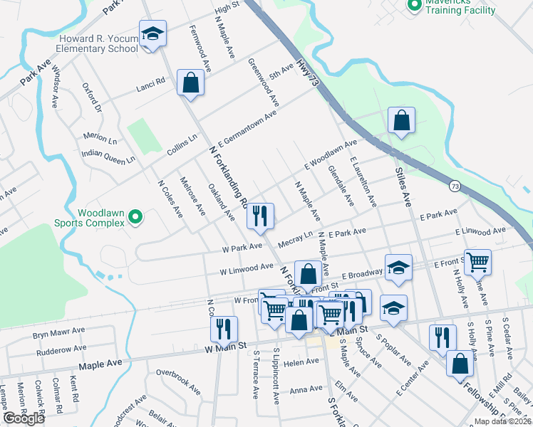 map of restaurants, bars, coffee shops, grocery stores, and more near 112 East Woodlawn Avenue in Maple Shade