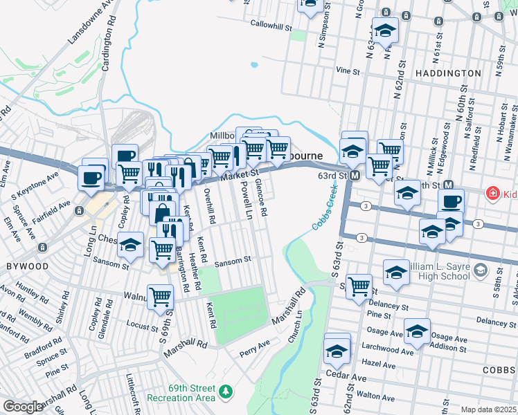 map of restaurants, bars, coffee shops, grocery stores, and more near 106 Glencoe Road in Delaware County