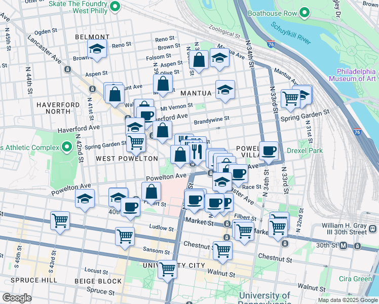 map of restaurants, bars, coffee shops, grocery stores, and more near 3807 Baring Street in Philadelphia