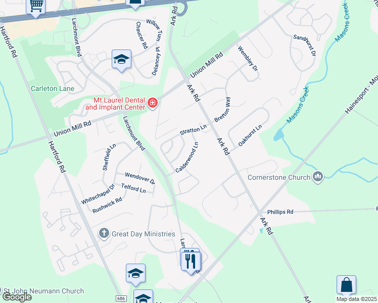 map of restaurants, bars, coffee shops, grocery stores, and more near 128 Calderwood Lane in Mount Laurel Township