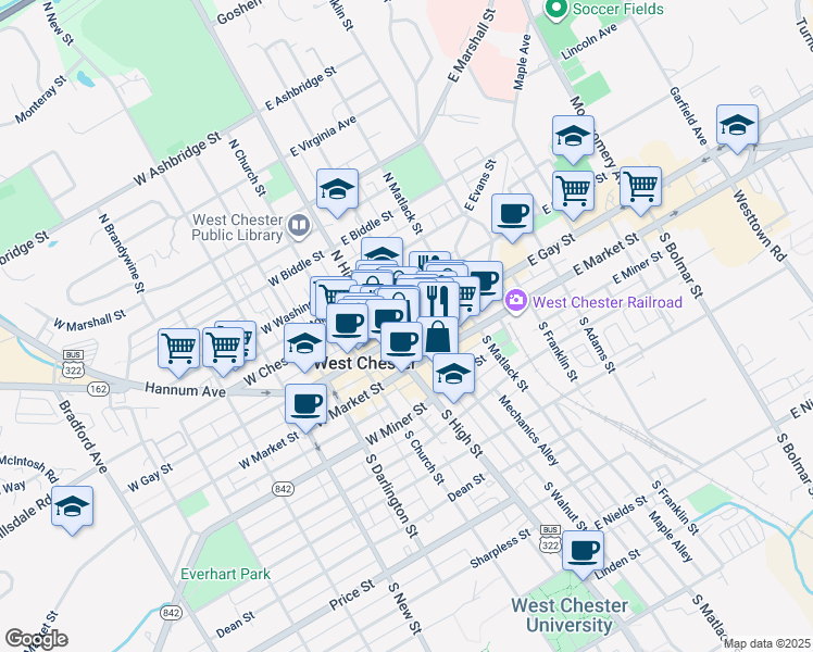 map of restaurants, bars, coffee shops, grocery stores, and more near 29 East Gay Street in West Chester