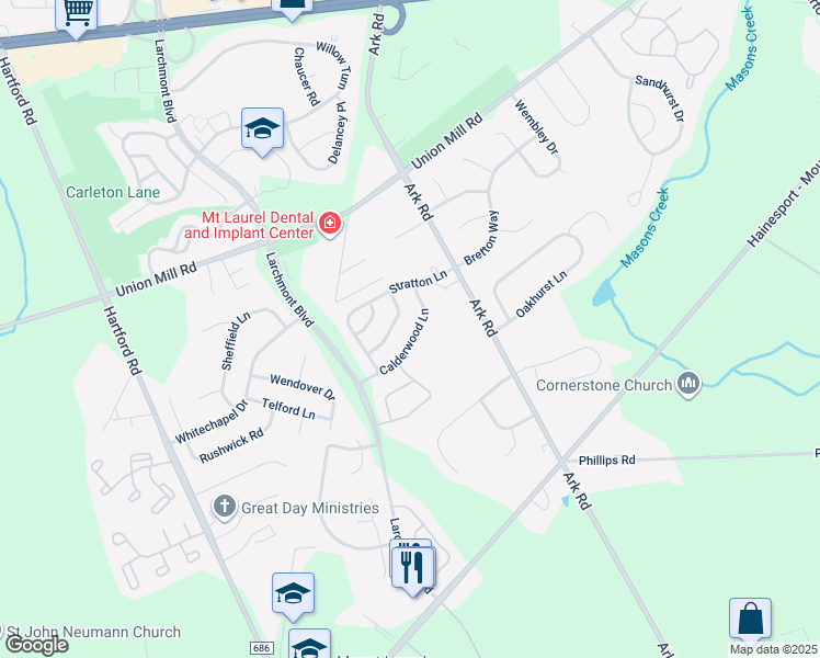 map of restaurants, bars, coffee shops, grocery stores, and more near 128 Calderwood Lane in Mount Laurel Township
