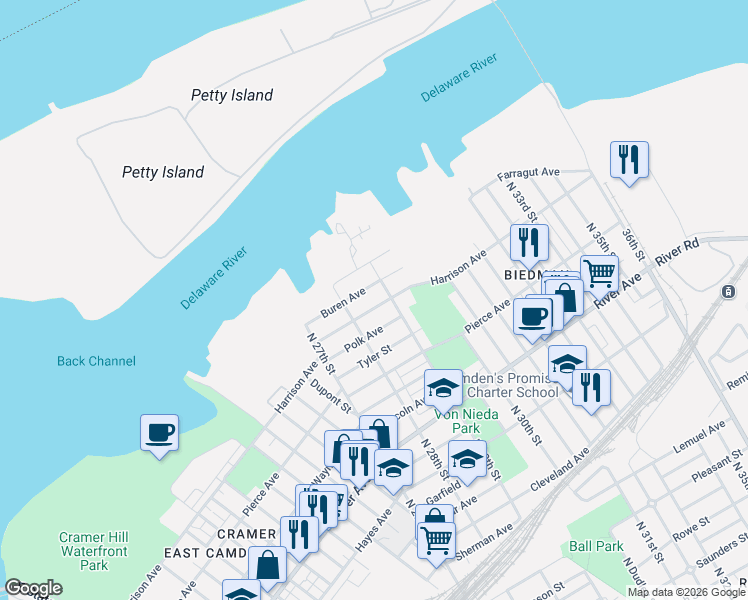 map of restaurants, bars, coffee shops, grocery stores, and more near 2865 Buren Avenue in Camden