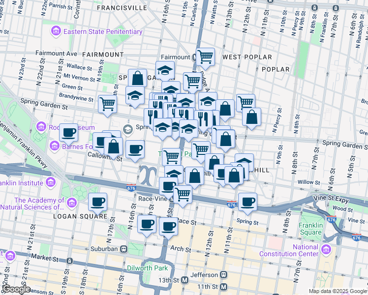 map of restaurants, bars, coffee shops, grocery stores, and more near 440 North Broad Street in Philadelphia