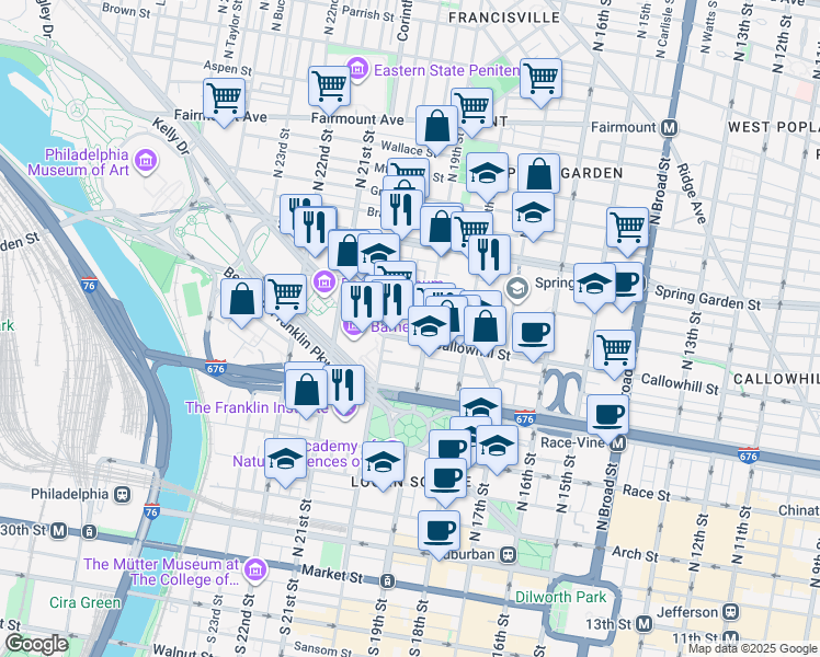 map of restaurants, bars, coffee shops, grocery stores, and more near 411 North 20th Street in Philadelphia