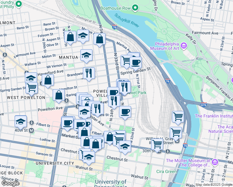 map of restaurants, bars, coffee shops, grocery stores, and more near 3311 Pearl Street in Philadelphia