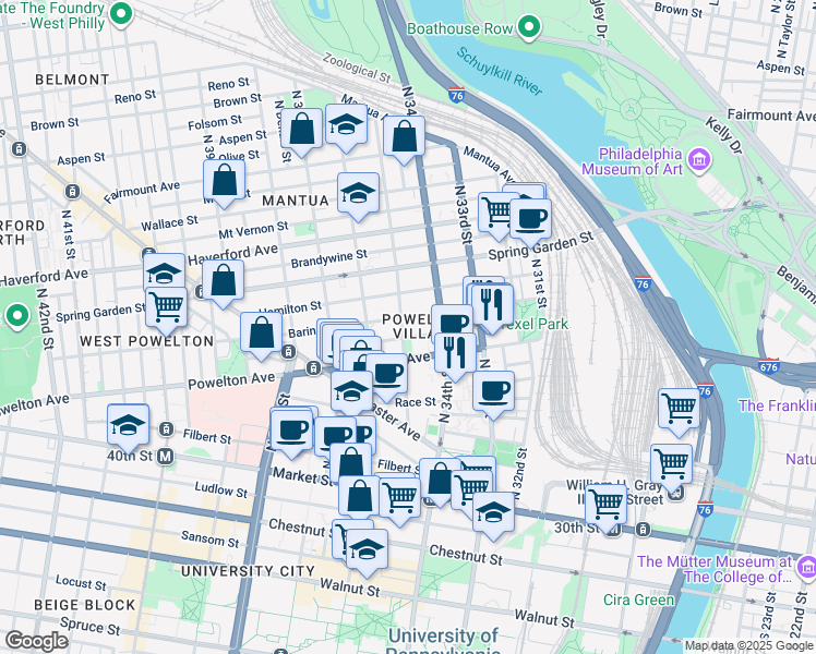 map of restaurants, bars, coffee shops, grocery stores, and more near in Philadelphia