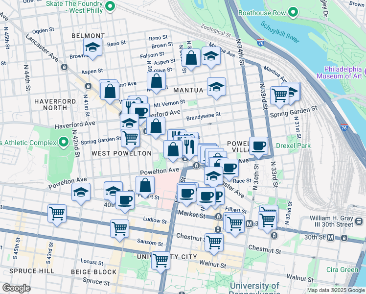 map of restaurants, bars, coffee shops, grocery stores, and more near 3827 Hamilton Street in Philadelphia
