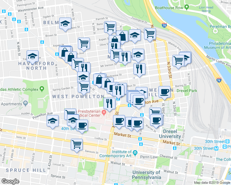 map of restaurants, bars, coffee shops, grocery stores, and more near 3827 Hamilton Street in Philadelphia