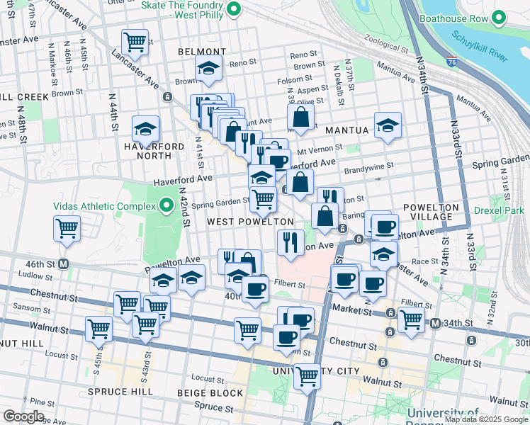 map of restaurants, bars, coffee shops, grocery stores, and more near 428 North 40th Street in Philadelphia