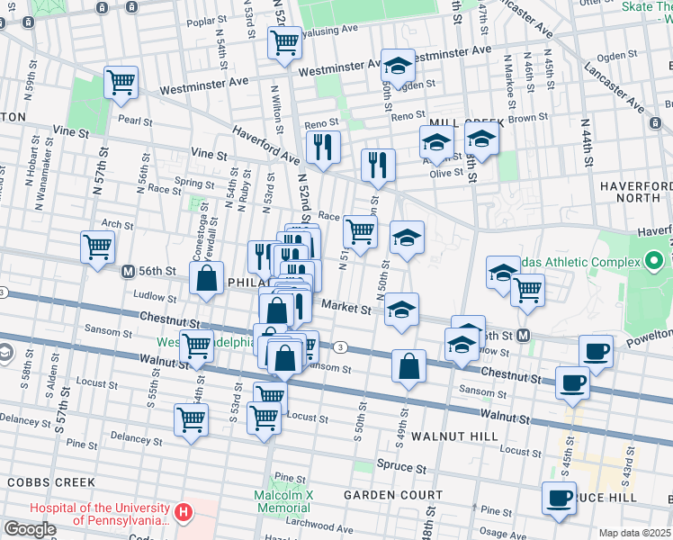 map of restaurants, bars, coffee shops, grocery stores, and more near 5125 Arch Street in Philadelphia