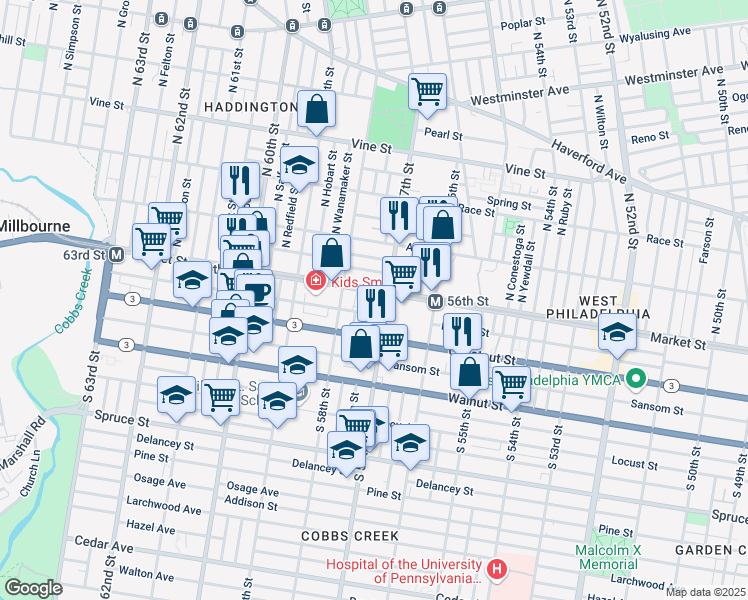 map of restaurants, bars, coffee shops, grocery stores, and more near 5707 Market Street in Philadelphia