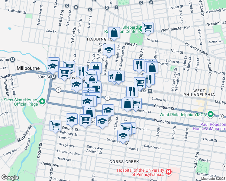 map of restaurants, bars, coffee shops, grocery stores, and more near 5854 Market Street in Philadelphia