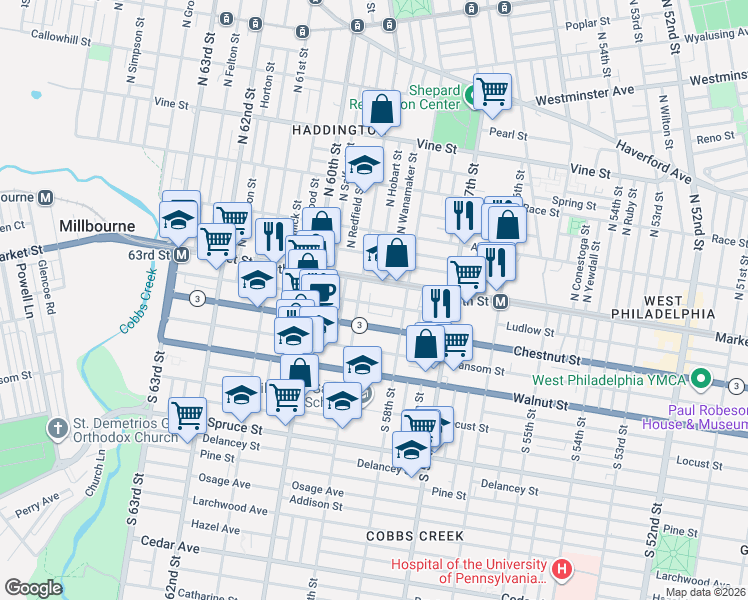 map of restaurants, bars, coffee shops, grocery stores, and more near 5854 Market Street in Philadelphia