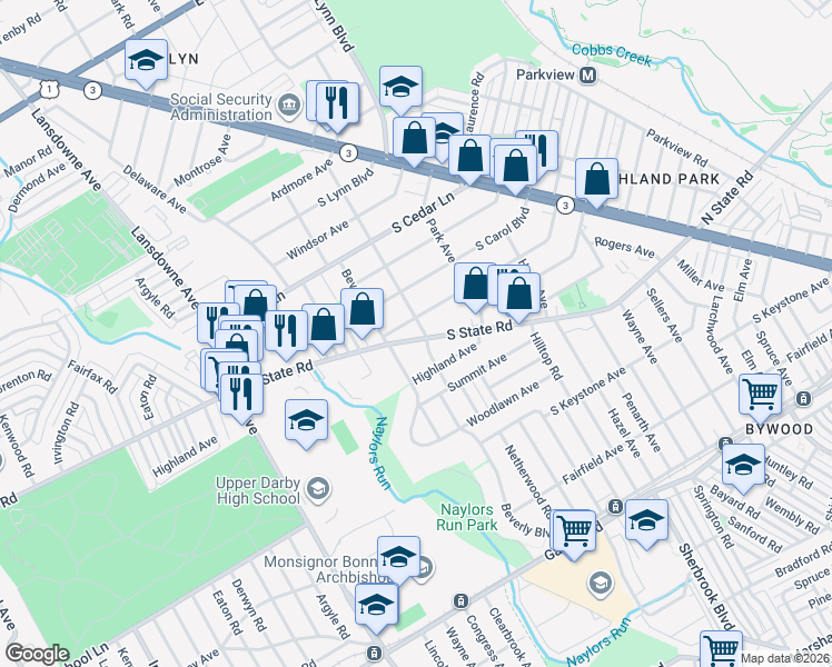 map of restaurants, bars, coffee shops, grocery stores, and more near 243 South Fairview Avenue in Delaware County