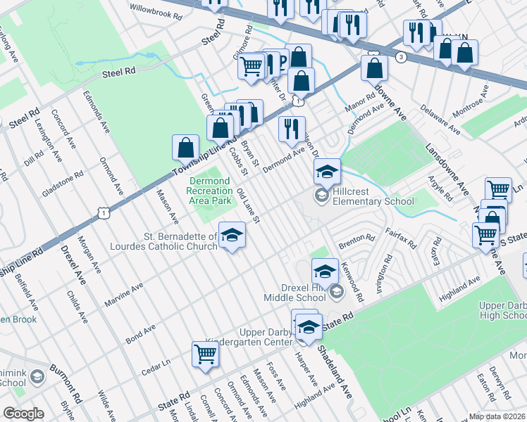 map of restaurants, bars, coffee shops, grocery stores, and more near 1111 Cobbs Street in Drexel Hill
