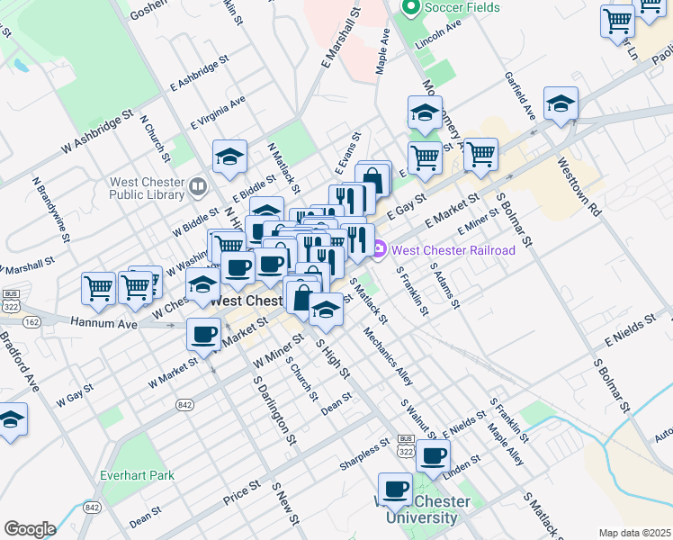 map of restaurants, bars, coffee shops, grocery stores, and more near 213 East Market Street in West Chester
