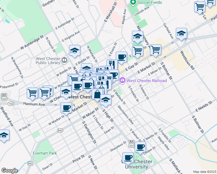 map of restaurants, bars, coffee shops, grocery stores, and more near 129 East Gay Street in West Chester