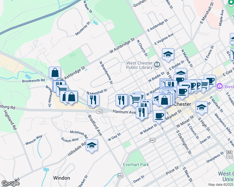 map of restaurants, bars, coffee shops, grocery stores, and more near 430 North Brandywine Street in West Chester