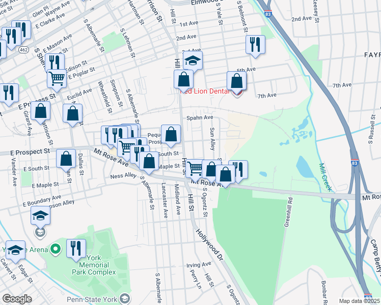 map of restaurants, bars, coffee shops, grocery stores, and more near 1266 East Prospect Street in York