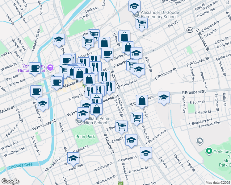 map of restaurants, bars, coffee shops, grocery stores, and more near 115 South Howard Street in York