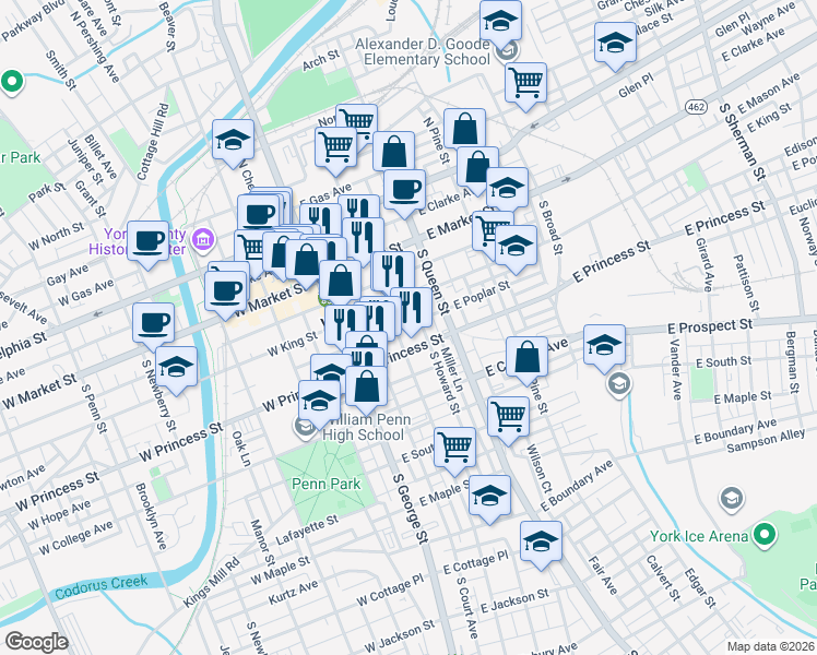 map of restaurants, bars, coffee shops, grocery stores, and more near 115 South Howard Street in York