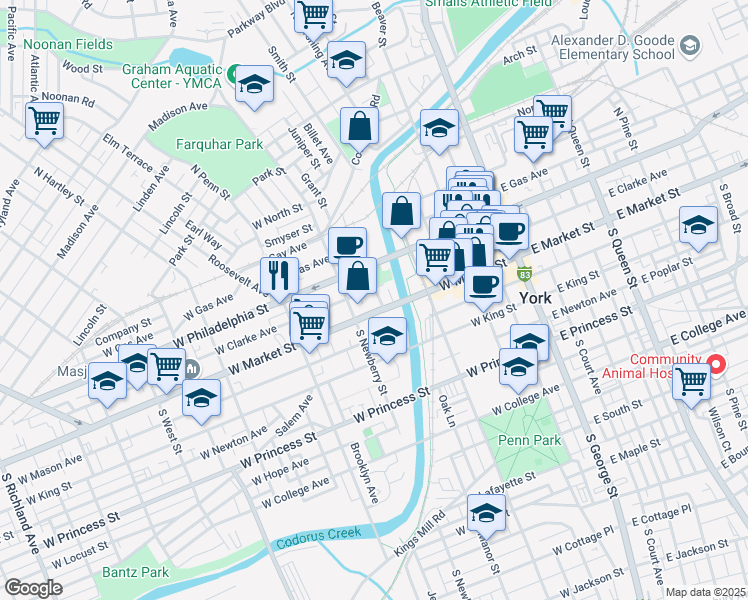 map of restaurants, bars, coffee shops, grocery stores, and more near 234 West Clarke Avenue in York