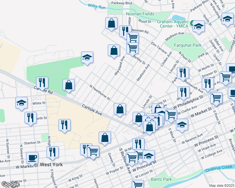 map of restaurants, bars, coffee shops, grocery stores, and more near 701 Pennsylvania Avenue in York