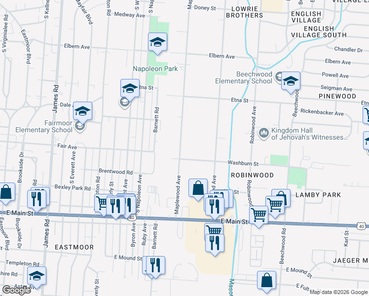 map of restaurants, bars, coffee shops, grocery stores, and more near 529 Maplewood Avenue in Columbus